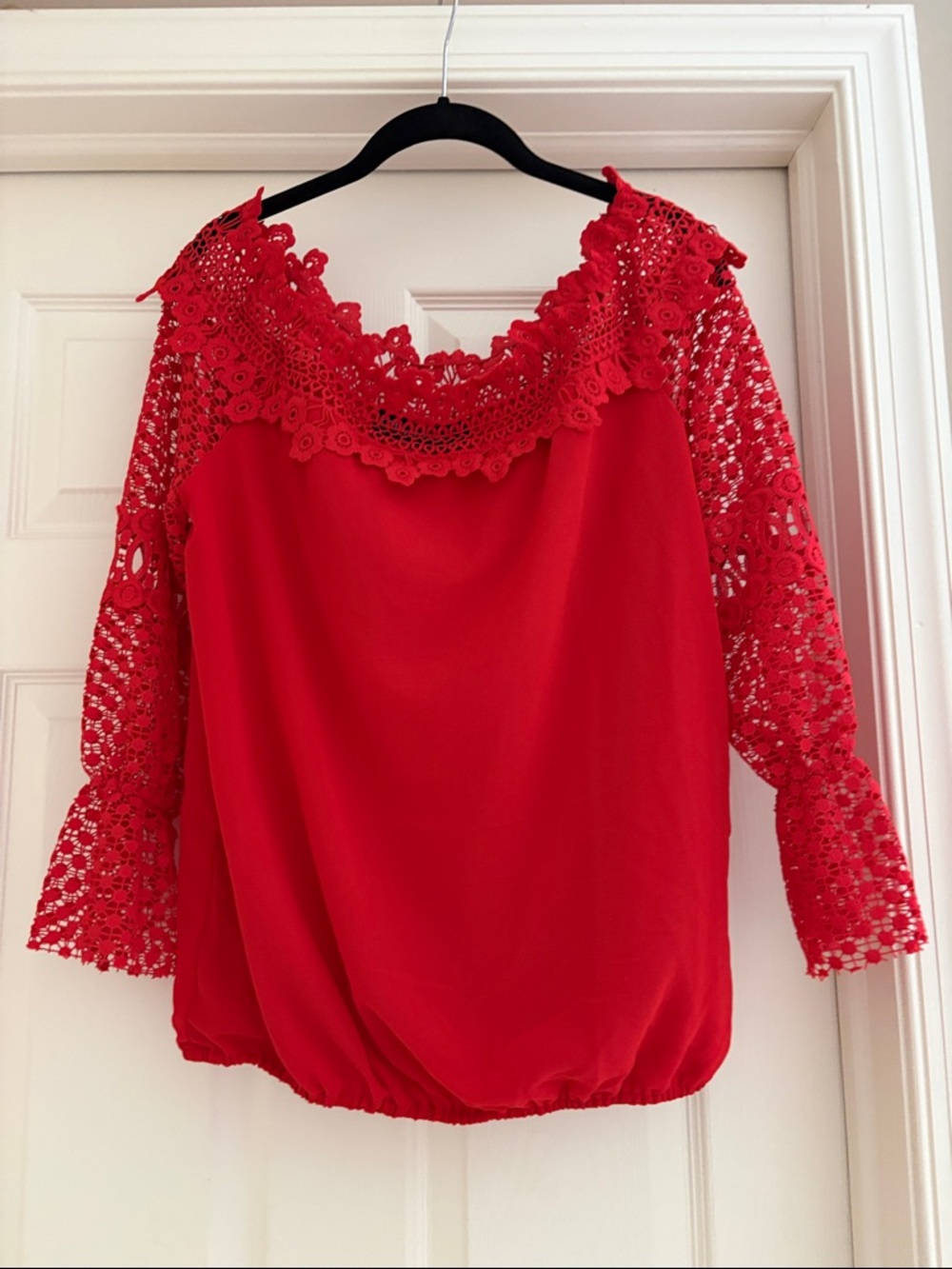 Red Crochet Lace Boatneck Blouse with Elbow-Length Sleeves